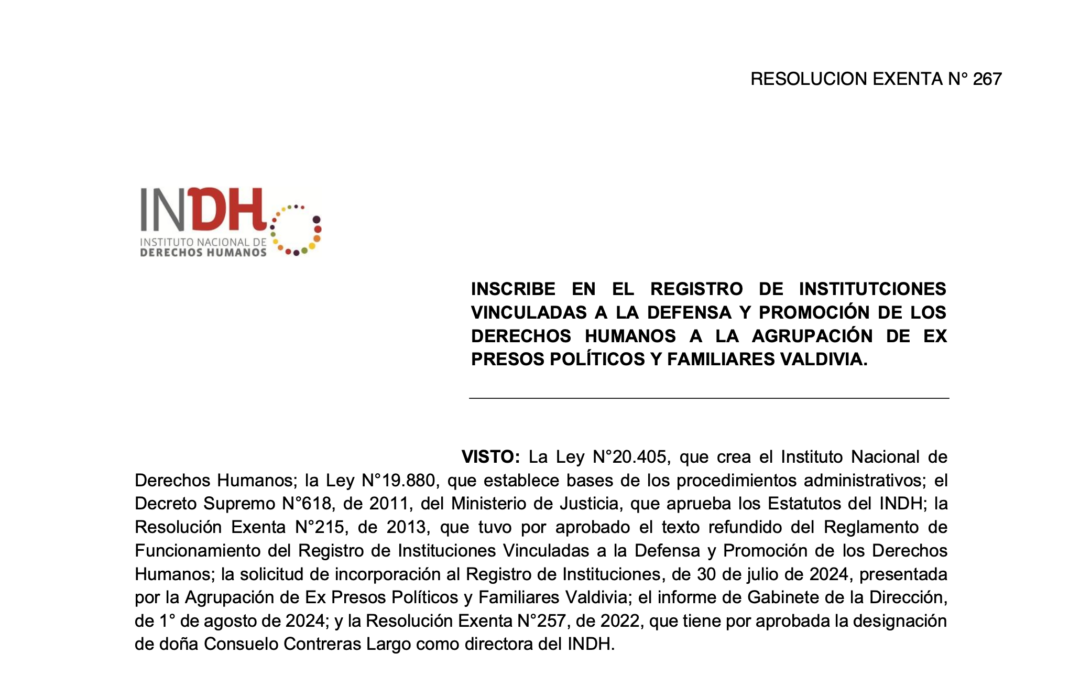 La Agrupación de Ex Presos Políticos y Familiares de Valdivia ahora inscrita en el Registro de Instituciones de Derechos Humanos